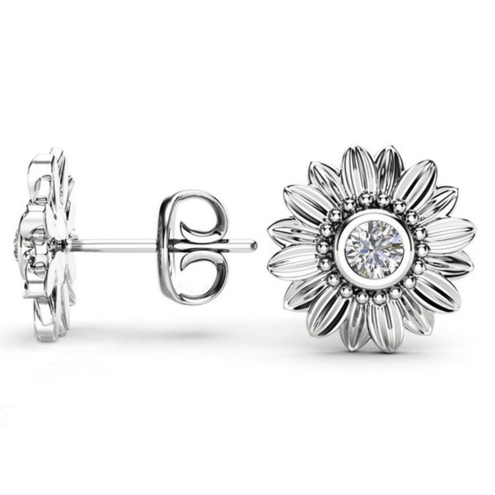Sterling Silver Diamond Sunflower Stud Earrings - Picture 2 of 2